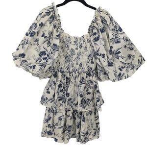 Sofie the Label Dress Womens Small Cream Floral Smocked Puff‎ Sleeve Tiered Mini